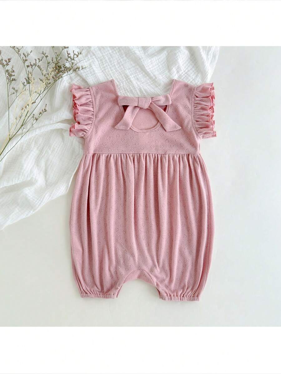 Loomiva Pelele de punto de unicolor con cuello redondo, volantes y sin mangas para bebé niña - Rosa - Ver 1