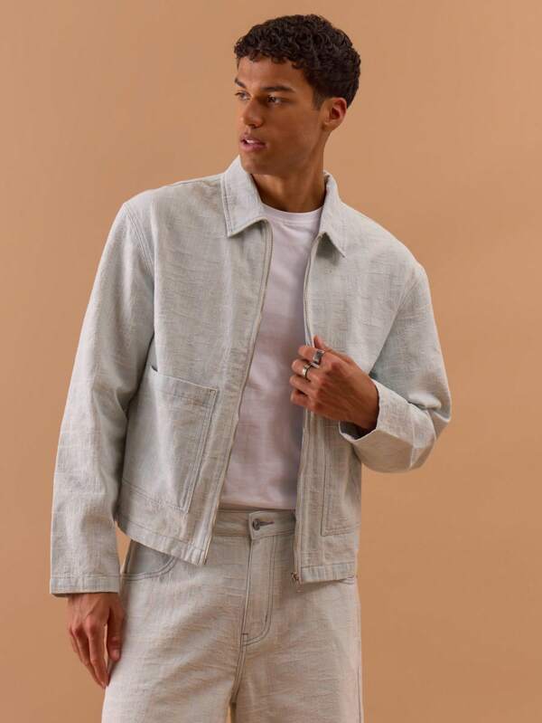 Musero Boxy Washed Pocket Detail Denim Zip Up Jacket Spring, Summer, Holiday, Vacation