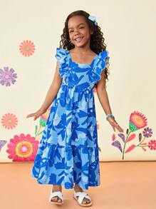 Vestido informal de gasa con estampado floral diminuto y volantes en el bajo para niñas jóvenes