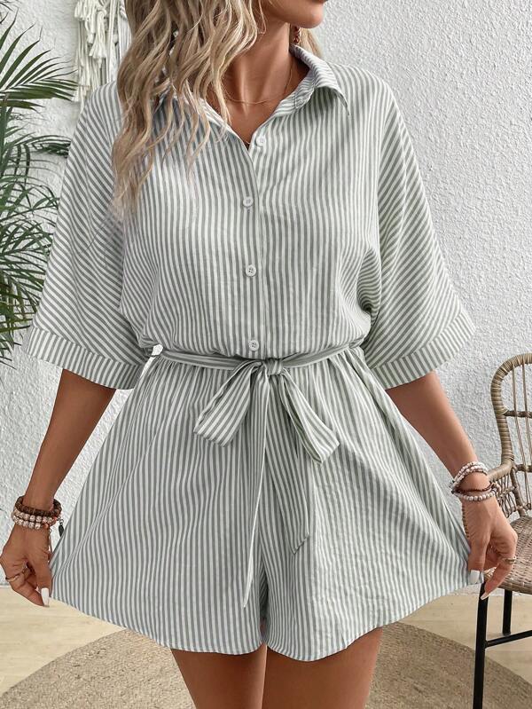 SHEIN VCAY Women's Vacation Casual Striped Bell Sleeve Jumpsuit