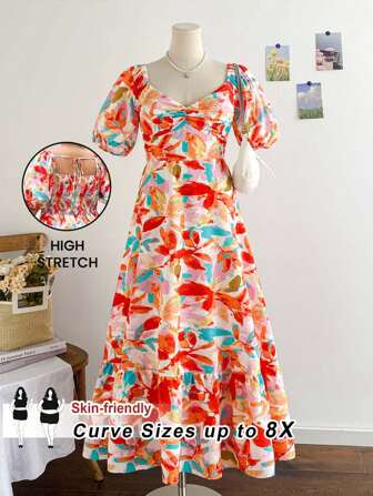 SHEIN CURVE+ 大码女士度假风格彩色花卉印花泡泡袖荷叶边下摆浪漫婚礼季毕业季返校派对剪裁午餐休闲单身汉复古夏季橙色热带图案印花长裙女士沙滩装/沙滩裙/沙滩度假装/沙滩必需品/毕业/茶会礼服夏季/乡村/沙滩度假装/沙滩装/沙滩装
