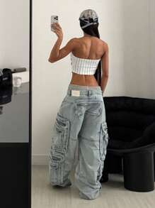 StreetHx Áo crop top hở vai in chữ mùa hè hở lưng khoét sâu buộc phía trước dành cho nữ - trắng - Xem 2