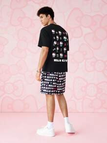 HELLO KITTY AND FRIENDS | SHEIN 1 件休闲卡通字母印花落肩宽松短袖 T 恤，男女通用 - 黑色 - 查看 2