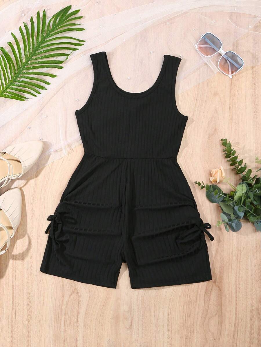 Sparklyn Bộ đồ liền thân không tay có gân buộc bên hông màu trơn dành cho bé gái tuổi mới lớn, màu đen - màu đen - Xem 1