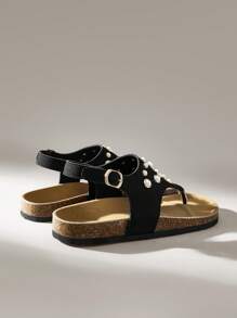 Solecia 女士新款棕色复古波西米亚海滩风格人字凉鞋，大珍珠装饰，别致扣环，舒适厚底，轻便度假风格平底凉鞋 - 黑色 - 查看 6