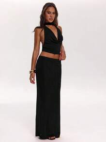 SHEIN BAE Fashion Sexy Halter Backless Top And Skirt Set, Suitable For Date Night, Singles Party, Wedding Guest, Holiday Beach Vacation, Spring/Summer