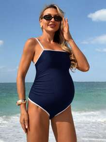 SHEIN Pregnant Women's Elegant Resort Monochrome Maternity One-Piece Swimsuit For Summer Beach Vacation