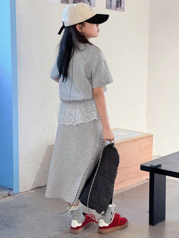 Tween Girls Crew Neck Knit Floral Print Short Sleeve Lace Patchwork T-Shirt + Skirt 2-Piece Set, Summer