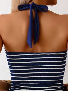 SHEIN Swim Conjunto de bikini y camisola de mujer conservador, de tela texturizada, con tirantes anchos y tirantes finos de color azul marino, para la playa o resort - Azul Marino - Ver 4