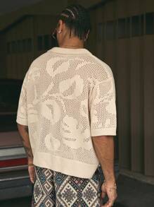 AXEPEAK Herren Hemd mit tropischem Pflanzenmuster, Kurzarm, Lochmuster, Knopfleiste, Streetwear - Aprikosenfarben - Übersicht 2