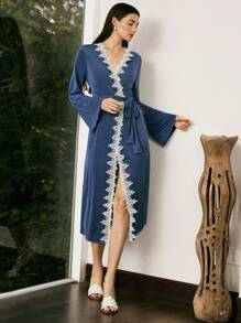 Moireta Lace Patchwork Backless Elegant Nightgown For Women - Dusty Blue - View 6