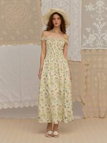 SHEIN MOD Plant Print Pattern Off Shoulder Ruffle Hem Long Dress