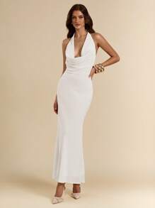 SHEIN BAE 女式低胸露背鱼尾下摆修身长款雪纺连衣裙，夏季 - 白色 - 查看 2