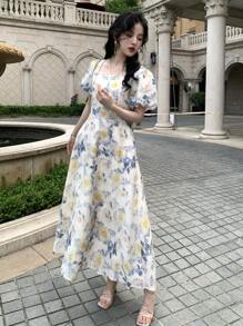 DAZY Robe mi-mollet à col carré et manches courtes avec imprimé floral épars pour femmes, style bohème printemps/été - Multicolore - Voir 6