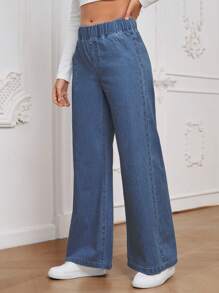 SHEIN Essnce Women's High Waist Loose Wide Leg Casual Woven Jeans Pants, All-Match Versatile Black, All Season