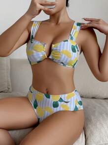 Women's Summer New V-Neck Strap Sweet Lemon Print Bikini Set - Multicolor - View 4