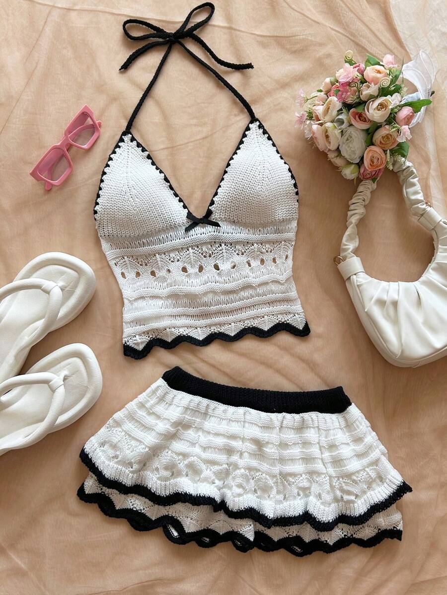 Soleia Conjunto de 2 piezas de blusa halter sin espalda con recorte de contraste y mini falda para mujer de talla grande, atuendos de vacaciones de playa, primavera/verano, estilo bohemio romántico para festivales de música con flores y tejido a ganchillo