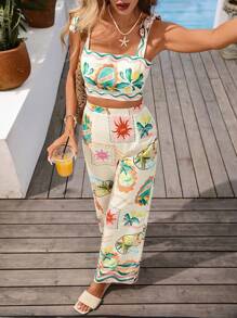Vivid Eden 2 件套女士夏季度假热带印花系带露肩短款上衣和长裤套装，女士度假装，女士沙滩装，节日，波西米亚风，波西米亚风，甜美，热带度假女装，假日装，夏季装，夏季两件套 - 藍色 - 查看 9