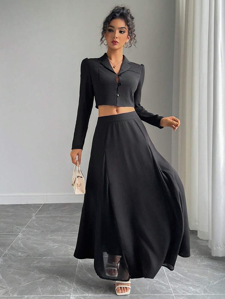 Women's Summer Chiffon Patchwork Lapel Top & Flared Hem Skirt Suit Business Attire