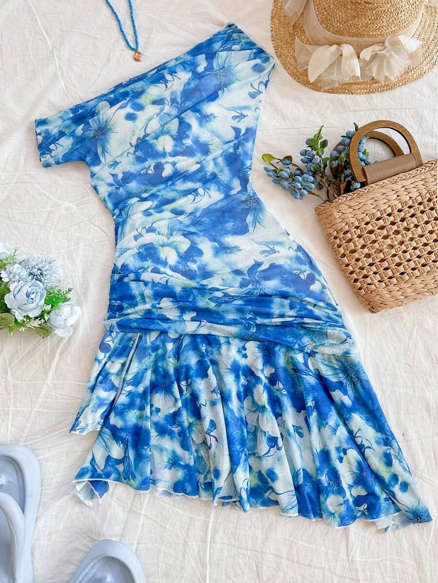 SHEIN Unity Vestido casual con cuello asimétrico para mujer, de moda para vacaciones de verano - Azul - Ver 1