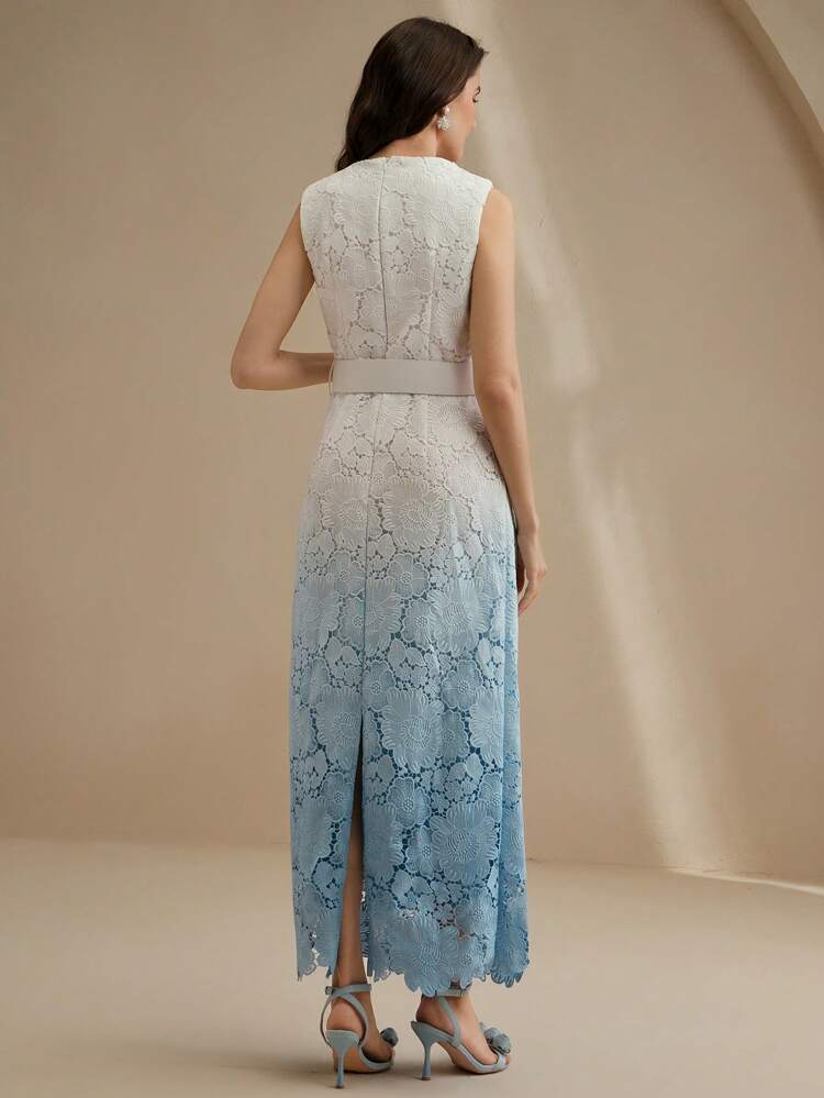 Robe élégante sans manches en dentelle avec design tie-dye bleu pour femmes, été
