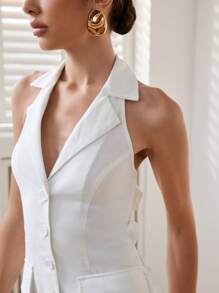 Uhlyne Vestido midi de línea A con cuello de mandarín, botones de resina, sin mangas, lazo y escote halter de lino de unicolor y elegante para mujer