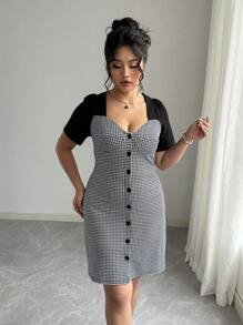 Elenzga Plus Size Vintage Plaid Print Sweetheart Collar Patchwork Single Breasted Mini Dress