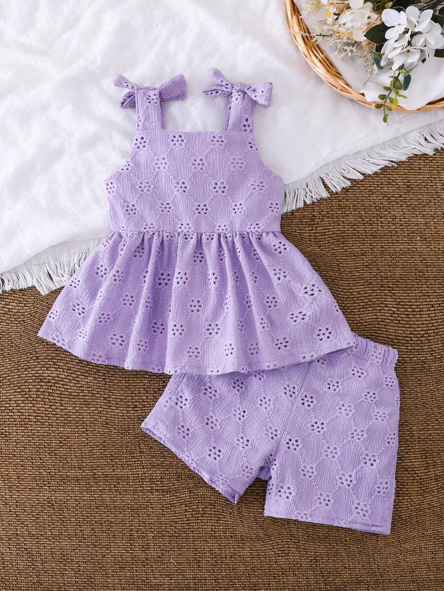 Vintaside Kids Baby Girl Vacation Burnout Embroidery Bowknot Shoulder Design Ruffle Hem Crop Top And Shorts Cute Casual 2-Piece Set - Purple - View 1