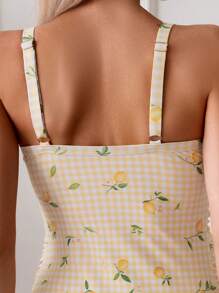 SHEIN Maternity Lemon & Plaid Print Ruched Bust One-Piece Swimsuit, Summer