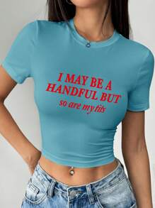 INAWLY Women Short Letter Print Round Neck Cropped T-Shirt, Summer - Dusty Blue - View 3