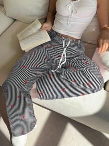 Aloruh 优雅低腰性感女士舒适长裤，蝴蝶结条纹印花百搭 - 彩色 - 查看 3