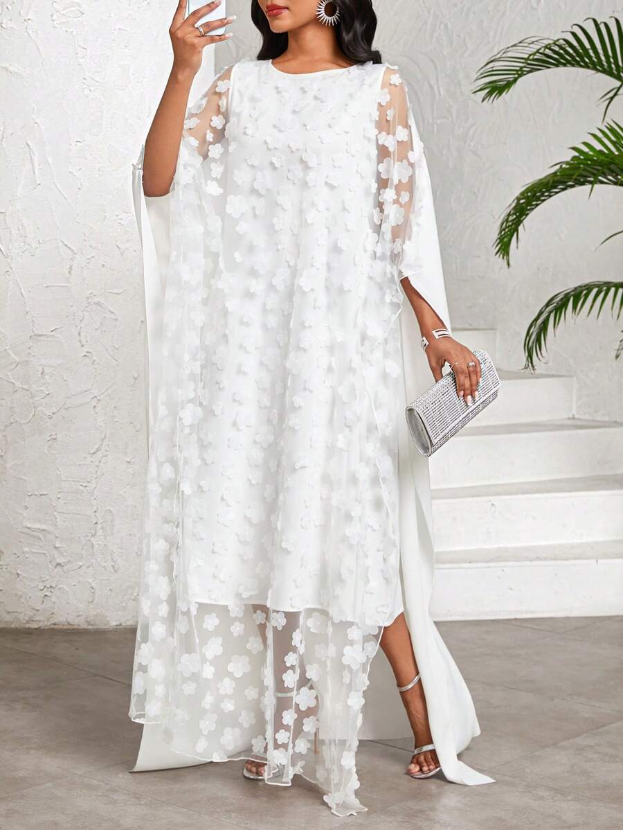 SHEIN Lady Weißes ultralanges Chiffon-Kleid mit 3D-Blumen, halbtransparent, geeignet für Geburtstag & Veranstaltungen / Bürokleidung / Kirchenkleidung / Hochzeitskleider / Urlaubskleider / weiße Kleider - Weiss - Übersicht 1