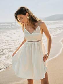 Maija 女士纯色细肩带迷你连衣裙，度假海滩 - 杏色 - 查看 3