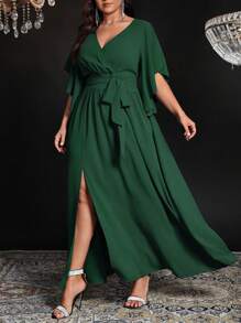Auvina Plus Size Women V-Neck Ruffle Waist Tie Slit Elegant Long Bodycon Maxi Party Dress, Short Sleeve - Dark Green - View 3