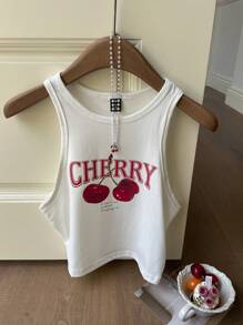 SHEIN EZwear 樱桃图案修身圆领背心，夏季 - 白色 - 查看 4