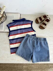 SHEIN Toddler Boys 2pcs Summer Set, Collared Sleeveless Striped Bear Embroidery Vest Top Paired With Denim Shorts, Crisp Fit For Outdoor, Casual, Party Occasions - Multicolor - View 2