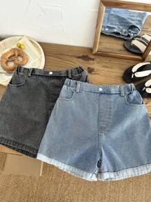 SHEIN 3 件套青少年女孩夏季休闲水洗牛仔短裤，简单百搭，适合居家、休闲和日常穿着，可与任何衣服搭配 - 彩色 - 查看 4