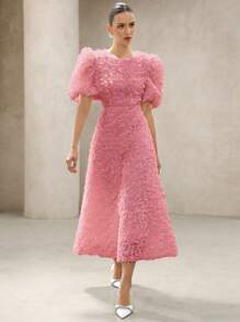 Aveloria Rosie 法式浪漫3D玫瑰V领泡泡袖腰部修身加长女士连衣裙 - 粉色 - 查看 5