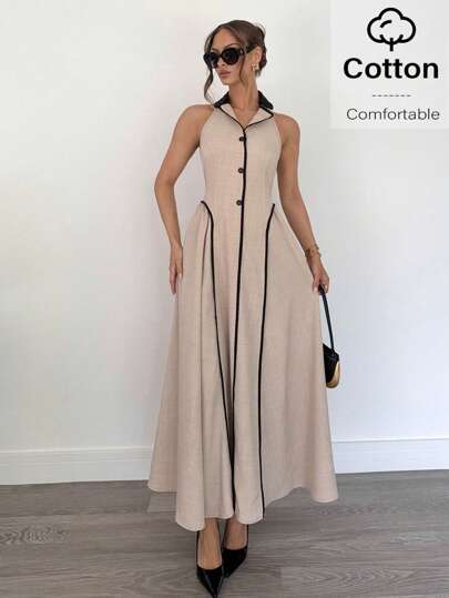 SHEIN Essnce Business Casual Woman Graduation Dresses For Women Casual Spring Dresses For Women Dresses For Women Elegant Cotton Waisted Contrasting Lapel Waisted Volume Long Hem Elegant Dress Women's Single-Breasted Pleated Design Halter Dress, Fashion