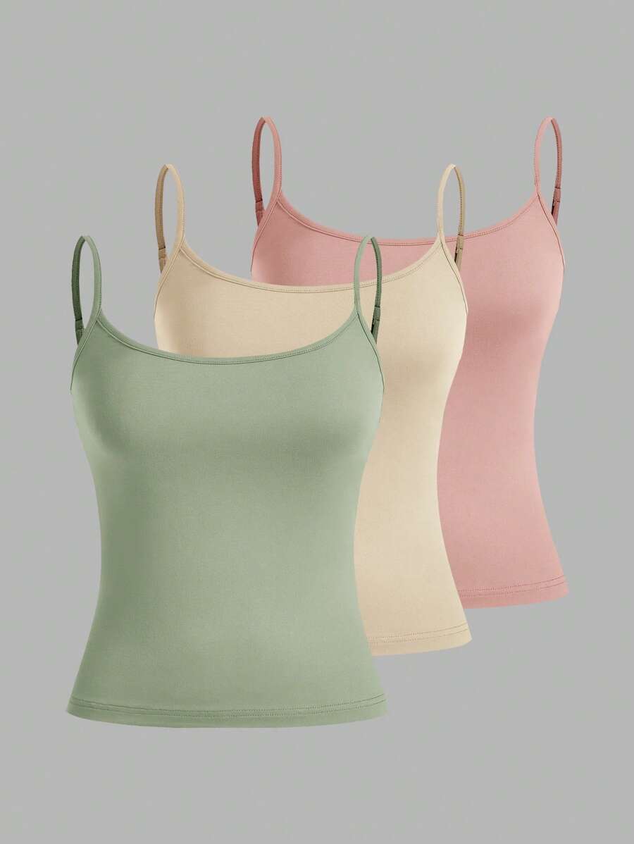 SHEIN EZwear 3 件套浅绿色、浅粉色、浅黄色女士吊带短款上衣，性感修身，适合夏季 - 彩色 - 查看 1