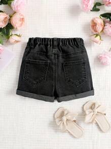 SHEIN Young Girl Spring Summer Boho High Waisted Elastic Waist Ripped Washed Denim Shorts - Black - View 2