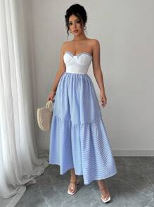 Elenzga Women's Elegant Romantic Sleeveless Patchwork A-Line Striped Dress