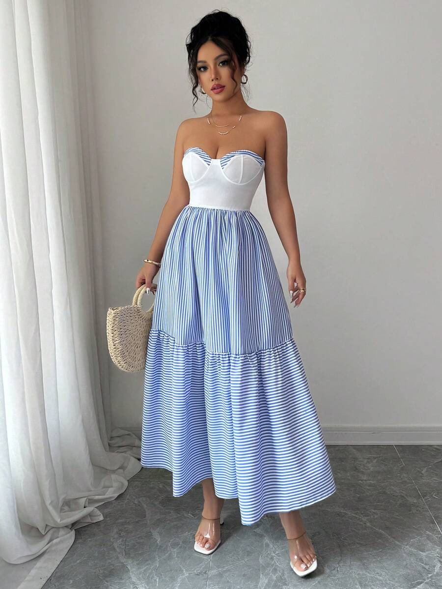 Elenzga Women's Elegant Romantic Sleeveless Patchwork A-Line Striped Dress