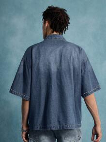 Street Life Men's Fashionable Rhinestone Denim Shirt, Suitable For Summer - Blue - View 3