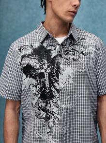 ROMWE MEN Grunge Punk Men's KPOP Street Summer Plaid Cross Print Short Sleeve Single-Breasted Casual Shirt, Emo - Multicolor - View 6