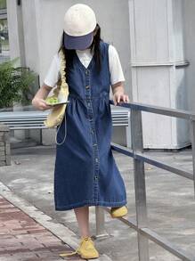 DAZY Vestido jeans sem mangas com decote em V para meninas adolescentes, verão, para a volta às aulas - Lavagem escura - Ver 6