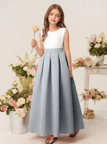 女童缎面 A 字形公主裙，无袖圆领，优雅连衣裙，适合婚礼活动、生日派对、节日、花童和伴娘 - 霧霾藍 - 查看 8