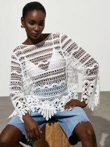 SHEIN Privé Hollow Out Crochet Crew Neck Long Sleeve Women Blouse Fall Cloth For Women - White - View 5