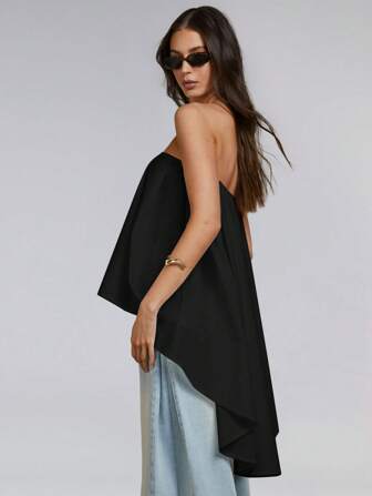 Athîral 女式纯色黑色不对称下摆抹胸上衣，夏季时尚，适合外出穿着