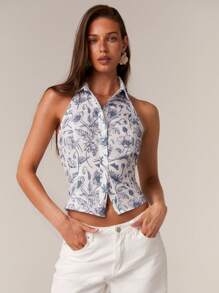 Athîral Blusa senza maniche con stampa floreale e chiusura monopetto a collo alto, adatta per le vacanze - Multicolore - Visualizzare 5